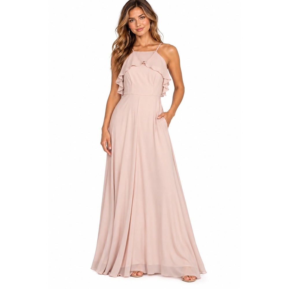 Birdy Grey Jules Bridesmaid Maxi Dress Small Rose Quartz Ruffle Halter Pockets